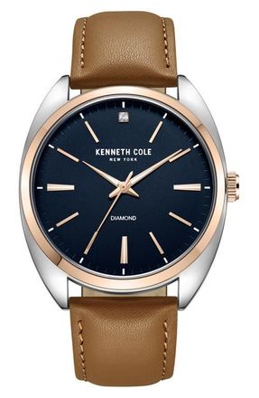 Kenneth Cole Three Hand Quartz Leather Strap Watch, 45mm in Tan at Nordstrom