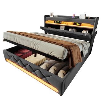STILVORA Cama Con Almacenaje 160 X 200 Cm De Lino, Cama Doble Con Led, Usb Y Type-c, Sin Colch&oacute;n, Gris
