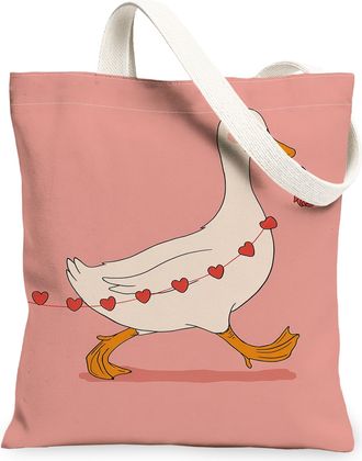 Generic Cute Duck Canvas Tote Bags, Heart Pattern Reusable Grocery Bags, Spring Lightweight Washable Shoulder Strap Canvas for Outd, Peach, 13x15 Inch