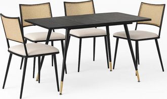 Urban Meuble Conjunto de mesa extensible de madera negra con 4 sillas de rat&aacute;n