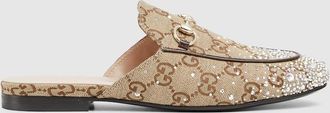 Gucci Womens Princetown Slipper With Crystal Horsebit, Beige, Fabric