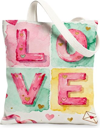 Generic Love Canvas Tote Bags, Colorful Heart Design Reusable Shopping Bags, Spring Floral Chic Lightweight Washable Shoulder Strap, Colorful, 13x15 Inch