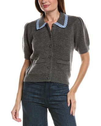 English Factory Lace Trimmed Puff Sleeve Knit Cardigan