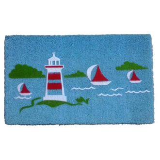 Imports Decor Lighthouse Yacht Coir Door Mat, Coastal Coconut Fiber Doormat with Sailboat Design & Non-Slip PVC Backing, Indoor Outdoor Entrance Rug