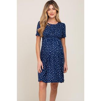 Pinkblush Floral Smocked Short Sleeve Dress in Navy Blue at Nordstrom, Size Small