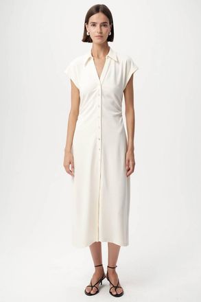 Exquise Ursula Collared Gathered Waist Midi Dress In Bone