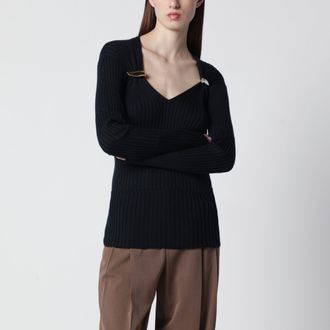 Bottega Veneta Ribbed sweater with Prisma pins in blue cashmere and silk