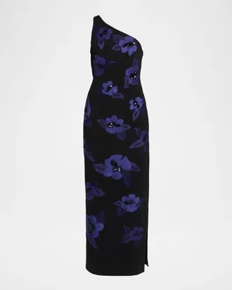 Aidan Mattox One-Shoulder Beaded Applique Column Gown