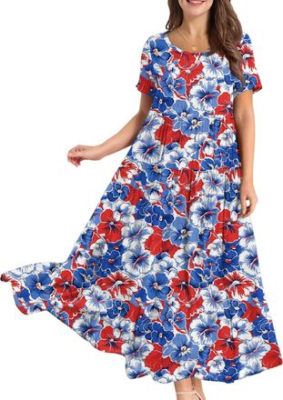 Generic Dresses for Women UK, Womens Summer Long Dresses Casual Short Sleeve Crew Neck Maxi Sundress Ladies Loose Tshirt Dress Boho Floral Beach Sundresses Pe