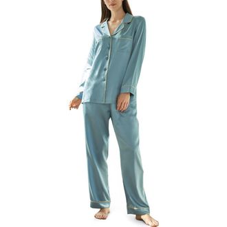 LilySilk Womens Gold Piping Silk Pajamas Set in Blue Haze at Nordstrom, Size Medium