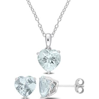Delmar Sterling Silver Aquamarine Heart Stud Earrings & Necklace Set in Blue at Nordstrom Rack