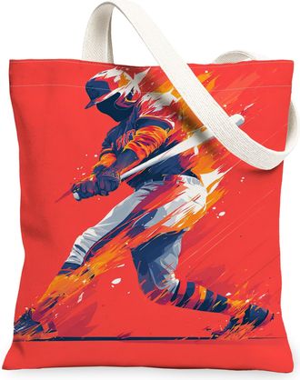 Generic Sporty Baseball Canvas Tote Bags, Modern Graphic Athletic Pattern Reusable Grocery Bags, Lightweight Washable Shoulder Stra, Red, 13x15 Inch