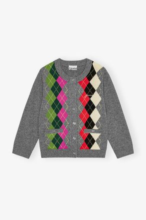 Ganni Grey Check Cardigan - Size S Merino Wool