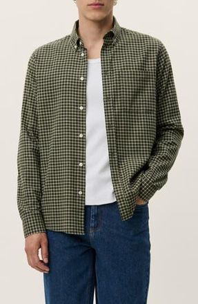 Les Deux Konrad Microcheck Flannel Button-Down Shirt in Green at Nordstrom Rack, Size Medium
