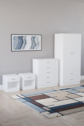 Home Discount Riano 4 Piece Bedroom Set - 1 Drawer Bedside, 5 Drawer Chest, Wardrobe in White