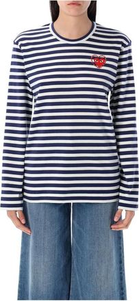 Comme Des Gar&ccedil;ons Long Sleeve Tops, female, Blue, Size: XL Icon Heart L/S Stripes Crystal Heart