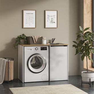 Vicco Armario Para Lavadora Viktor, Blanco/roble Artesanal, 113.6 X 88.2 Cm Con Armario Para El Fregadero, Vicco