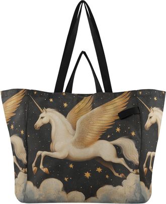 Generic Unicorn Stars Night Black print Reusable Canvas Tote Bag, Heavy Duty Grocery Shopping Bag with Double Handles Hard Bottom Large Capacity Work Grocerie