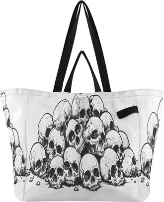 Generic Skull Pile Stone White print Reusable Canvas Tote Bag, Heavy Duty Grocery Shopping Bag with Double Handles Hard Bottom Large Capacity Work Groceries T