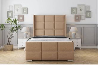 Sloomy Beaumont Dumfries Frame-Mattress-50 Upholstered Wingback Headboard in Light Brown | Size: Double