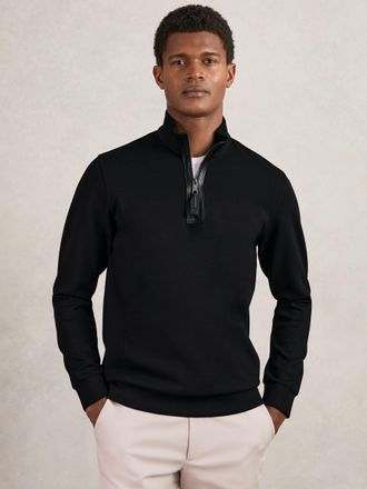 Reiss Black Interlock Half-zip Sweatshirt With Trim, XS