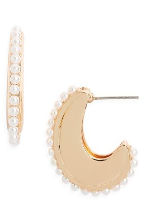 Open Edit Faux Pearl Hoop Earrings in White- Gold at Nordstrom
