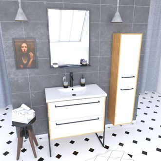 Aurlane Conjunto De Ba&ntilde;o 80cm + Lavabo Blanco 80x50 + Cajones + Espejo + Columna