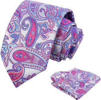 Alizeal Mens Classic Retro Paisley Necktie and Handkerchief for Business Wedding Formal Casual Tie Set, Blue+Hot Pink