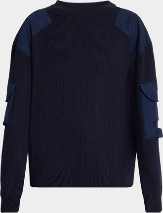 Balmain Men & apos;s Ribbed Wool Cargo-Pocket Crewneck Sweater