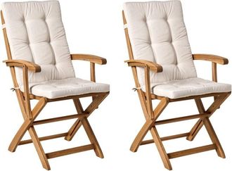 Beliani Conjunto De 2 Sillas Plegables De Jard&iacute;n De Madera Para Comedor Exterior Con Cojines Beige Claro Maui Premium