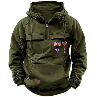 Generic Tactical Work Hoodies For Men Uk Hooded Sweatshirt For Men British Flag Graphic Sweatshirts Drawstring Hoody With Multi Pockets Pullover Combat Cargo 