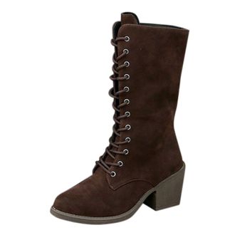 Generic Womens Mid-Calf Lace-Up Boots with Chunky Block Heel Pointed Toe Suede Combat Booties Elegant Stylish Casual Shoes For Women Autumn Winter size 4.5