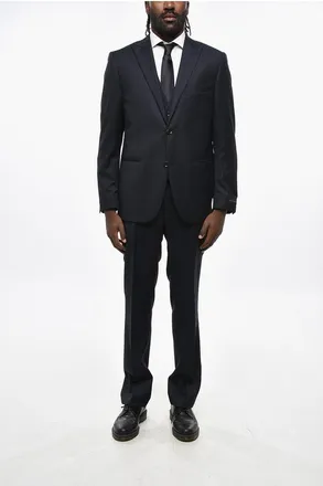 Nino Danieli Virgin Wool Side Vents Peak Lapel 3 Piece Waistcoat Suit size 50