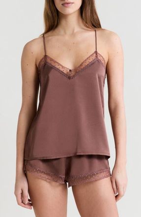 Etam Plume Lace Trim Satin Camisole in Chocolate at Nordstrom, Size X-Small