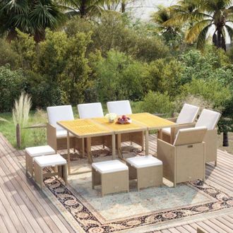 vidaXL Set Comedor De Jard&iacute;n 11 Piezas Y Cojines Rat&aacute;n Sint&eacute;tico Beige Vidaxl
