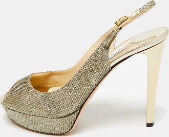Jimmy Choo London Gold Glitter Accents Peep Toe Slingback Pumps