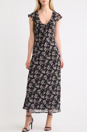 Lulus Carter Ruffle Cap Sleeve Maxi Dress in Black Floral at Nordstrom, Size X-Large