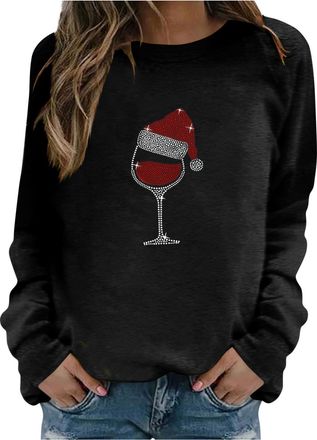 Generic Rhinestone Red Wine Glass Christmas Jumpers for Women UK Casual Xmas Sparkly Womens Sweatshirts Long Sleeve Christmas Ugly Sweater Tops Workout Holida