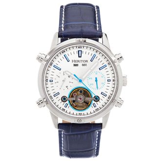 Heritor Wilhelm Semi-Skeleton Leather-Band Watch w/Day/Date - Black/Silver