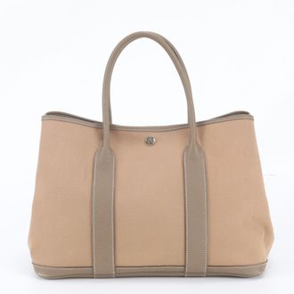Herm&egrave;s Beige Leather Canvas Shoulder Bag Tote Bag (Pre-Owned)