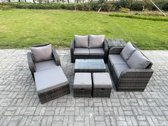 Fimous High Back Rattan Garden Furniture Set with Loveseat Sofa Rectangular Coffee Table 3 Footstools Side Table Indoor Outdoor Patio Lounge Sofa Set