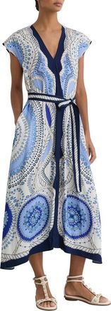 Reiss Heidi Scarf Print Belted Midi Dress in Ivory/Blue at Nordstrom, Size 14 Us