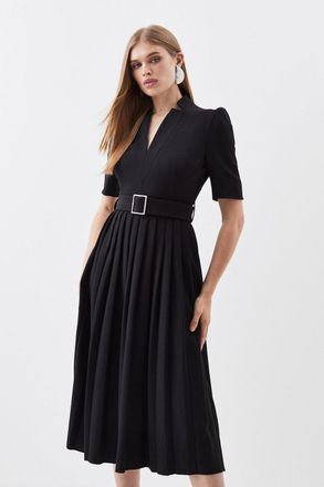 Karen Millen Womens Petite Tailored Structured Crepe Forever Pleat Midi Dress - Black - Size 6 UK