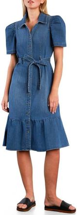 Wash Lab Denim Muse Belted Puff Sleeve Denim Midi Shirtdress in Marina Blue at Nordstrom, Size X-Small