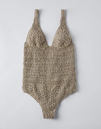 Brunello Cucinelli Beige Linen Silk Crochet Bodysuit, Size Medium
