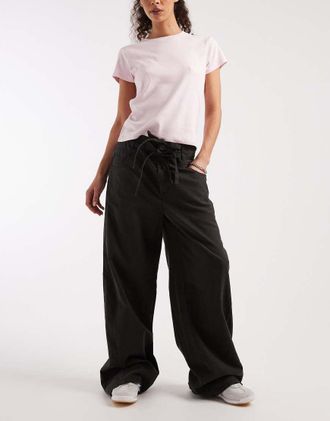 Asos Pantaloni ampi con laccetti in lino color ardesia slavato-Grigio