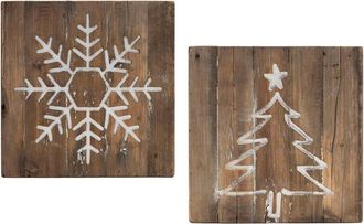 Melrose International Set Of 2 Distressed Wood Snowflake & Tree Block