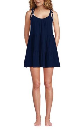 Lands End Cotton Gauze Metallic Tiered Mini Cover-up Dress in Deep Sea Navy at Nordstrom, Size X-Large P