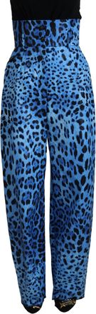 Dolce & Gabbana Blue Leopard Print High Waist Womens Pants