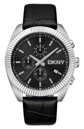 DKNY Chronograph Leather Strap Watch, 42mm in Black at Nordstrom